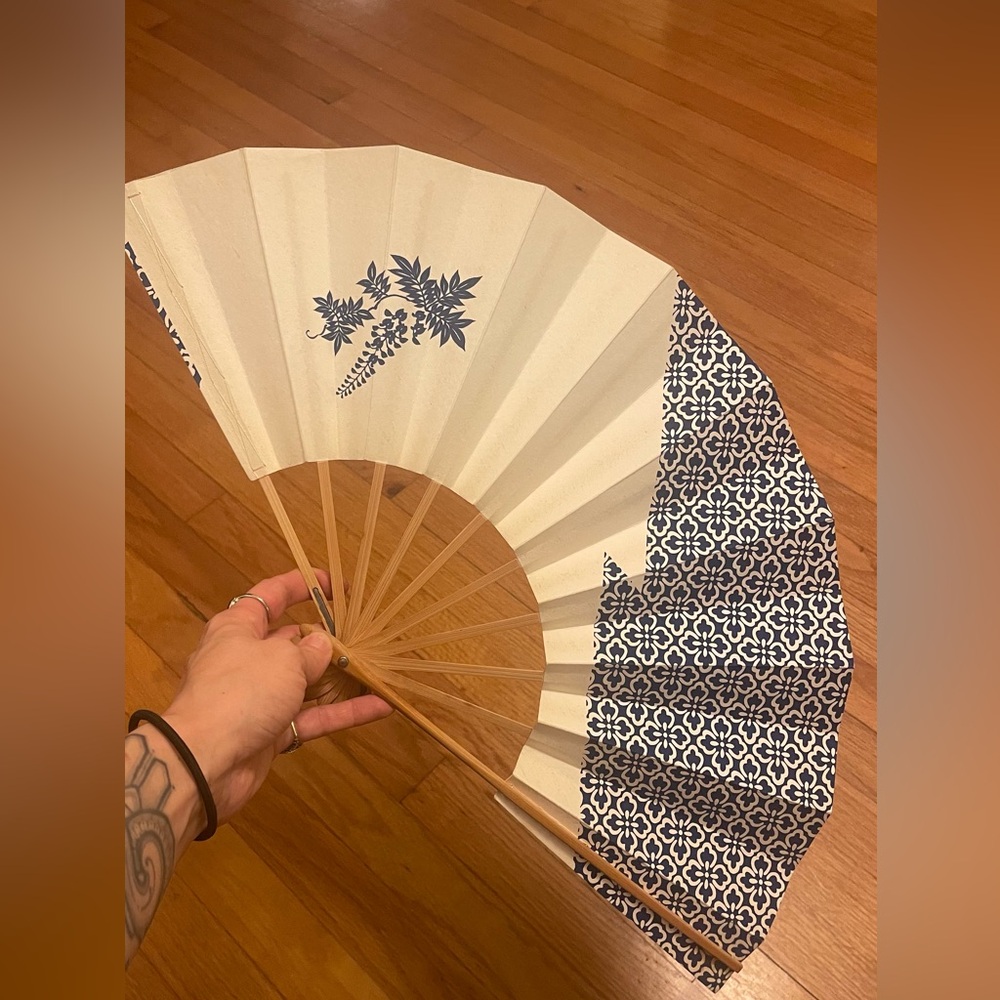 Vintage Odori Fan Sensu art deco folding cadet blue floral leaves Japanese